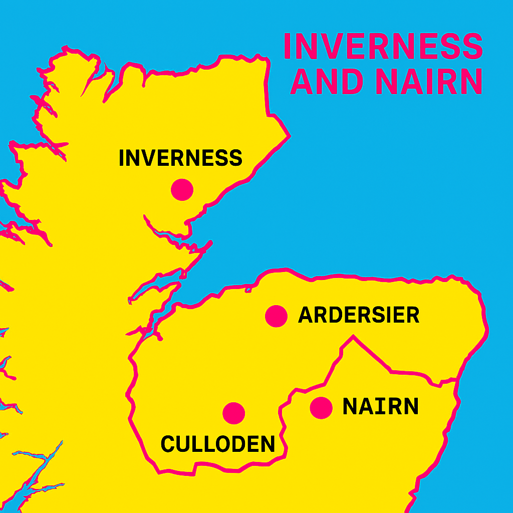 Map of Inverness and Nairn constituency showing urban areas, transport corridors, and coastal communities